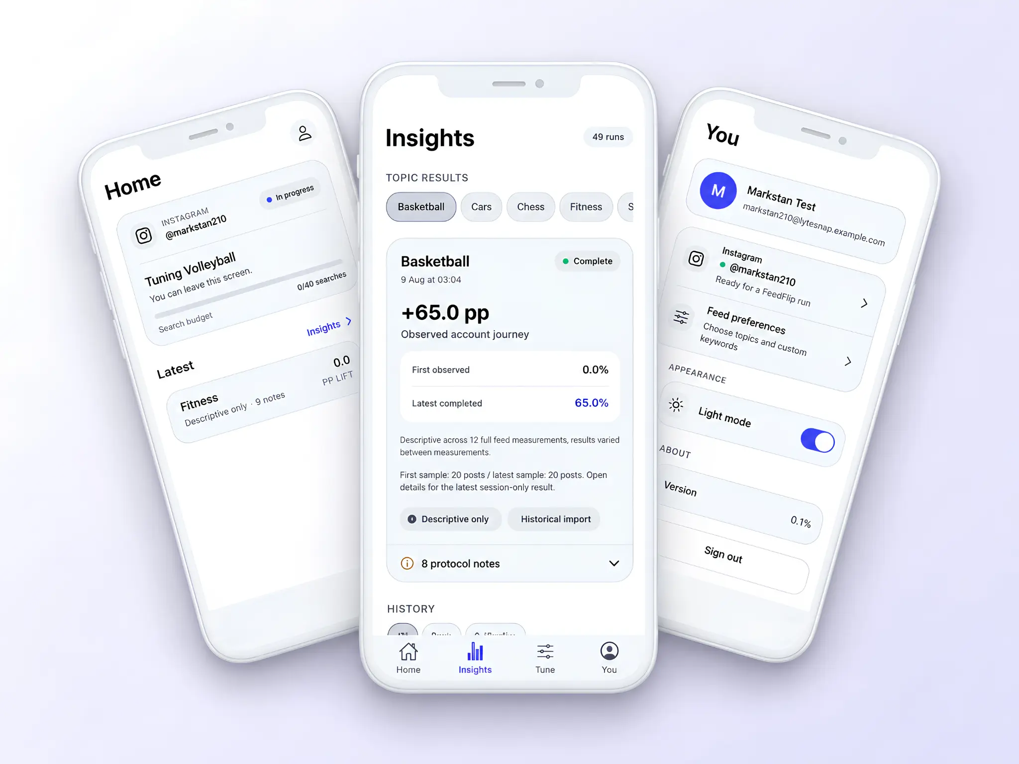 Mobile automation app showing personalized feeds, profile, and insights