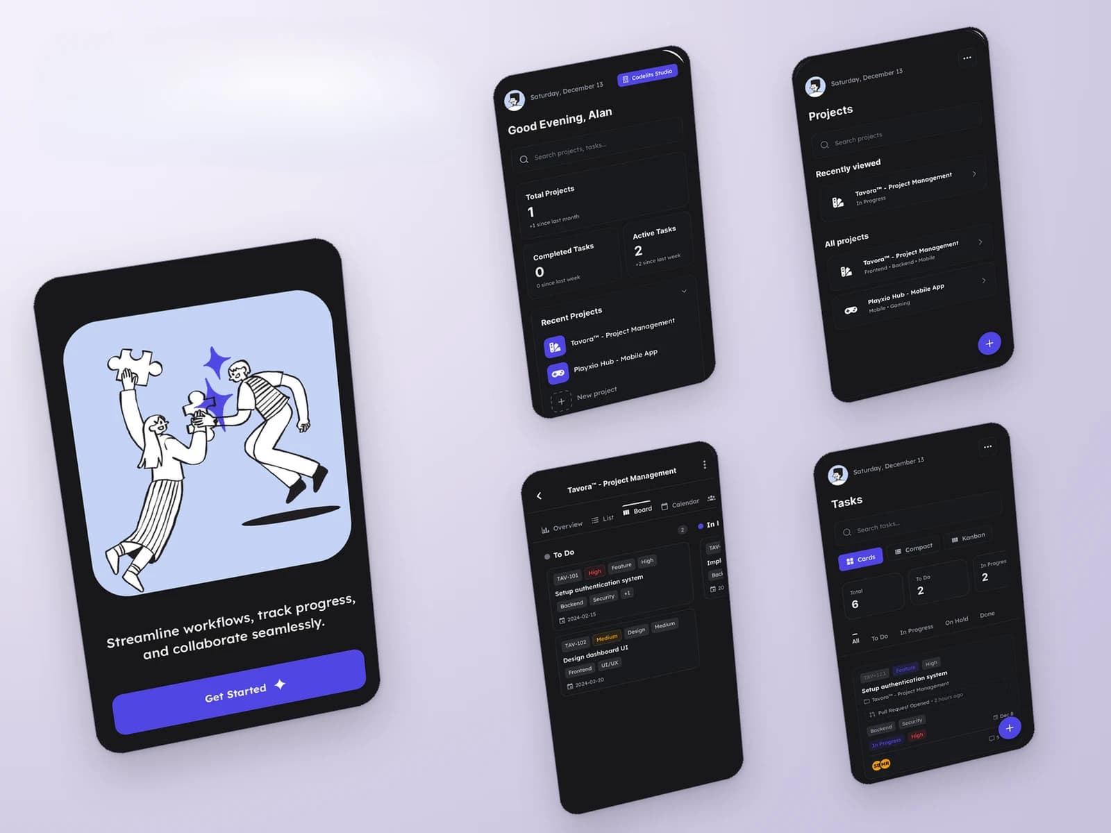 Project management app with onboarding, dashboard, boards, and tasks