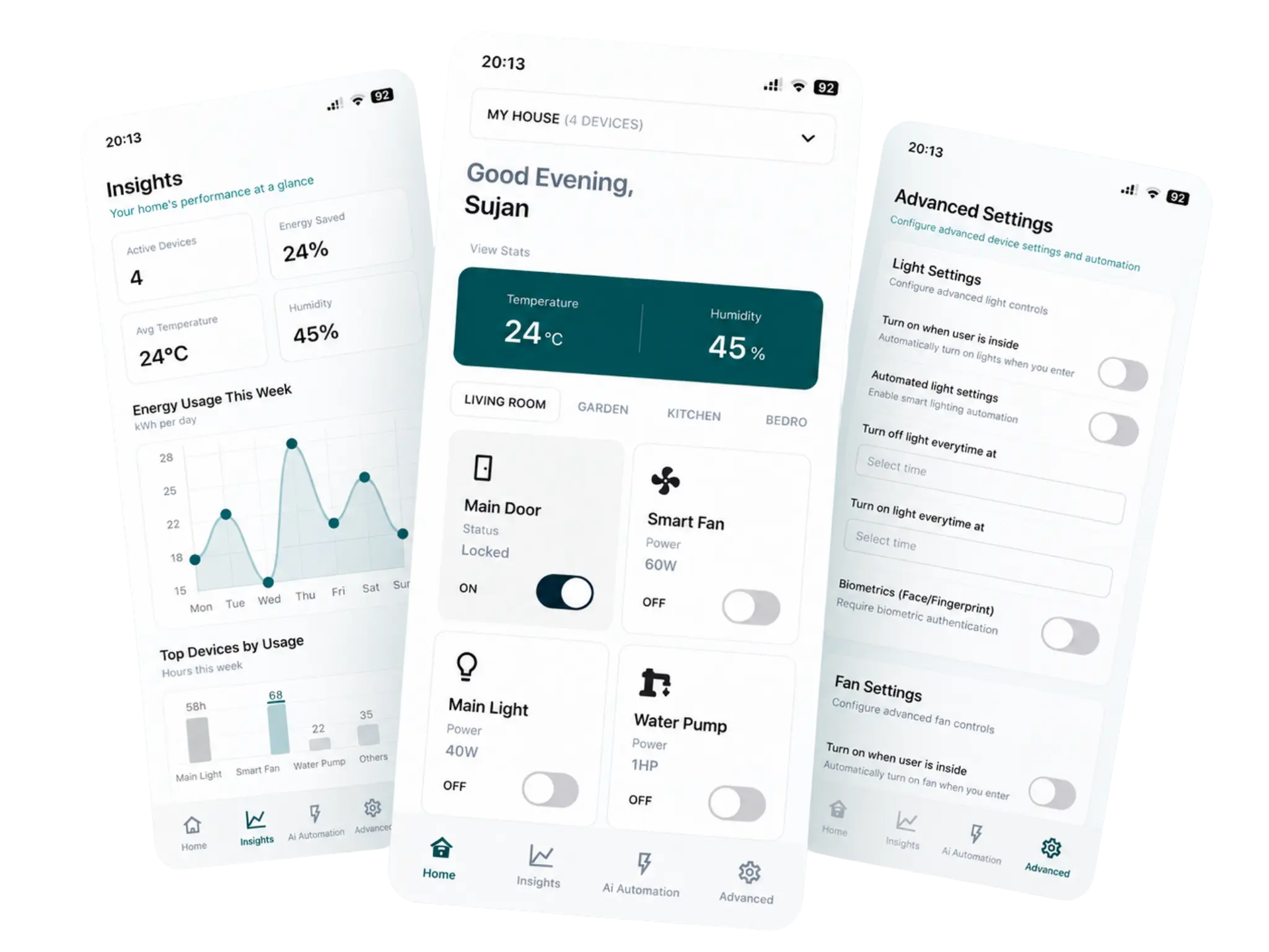 Connected home mobile dashboard, room controls, and device insights