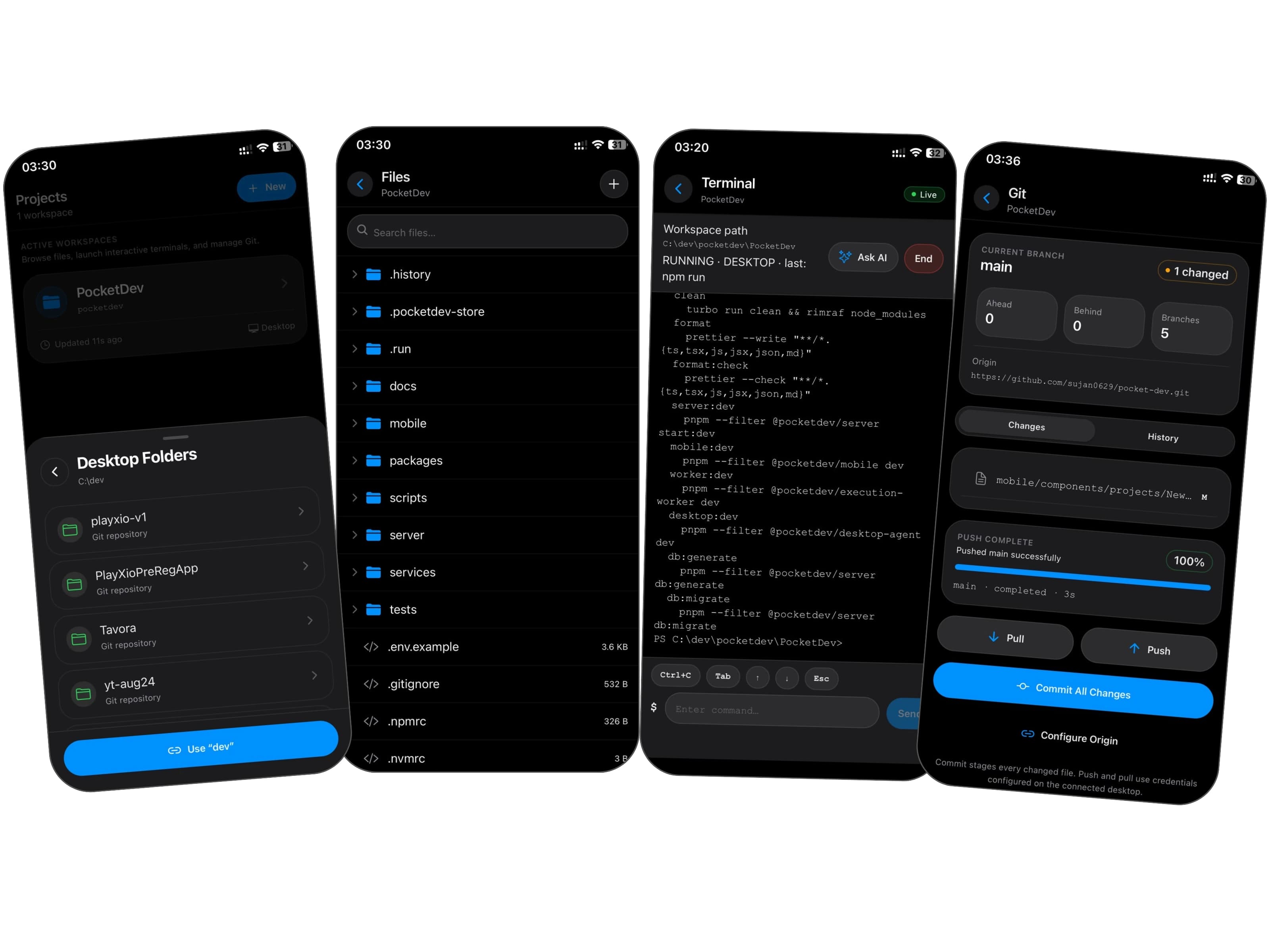 Development project selector, files, terminal, and Git running on mobile