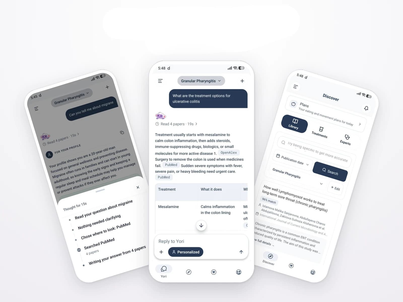 Research assistant mobile app showing conversations, sources, and discovery