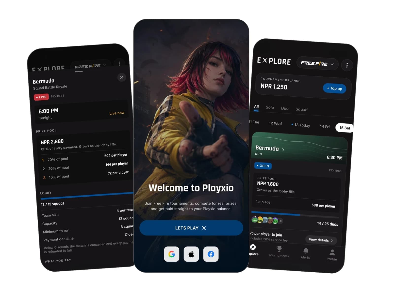 Esports tournament app showing competition details, player onboarding, and tournament discovery